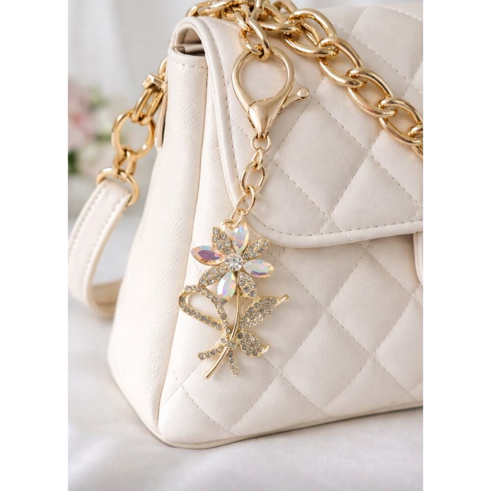 Gold Rhinesrone Flower Bag Charm Key Chain New